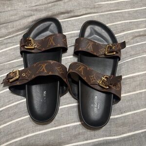 Brown Monogram Double-Strap Slide Sandals with Gold Hardware